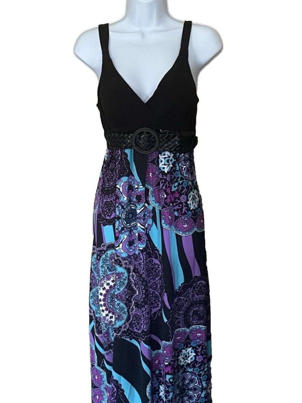Womens Paisley V Neck Maxi Dress Size M Multicolor Black Belt Straps